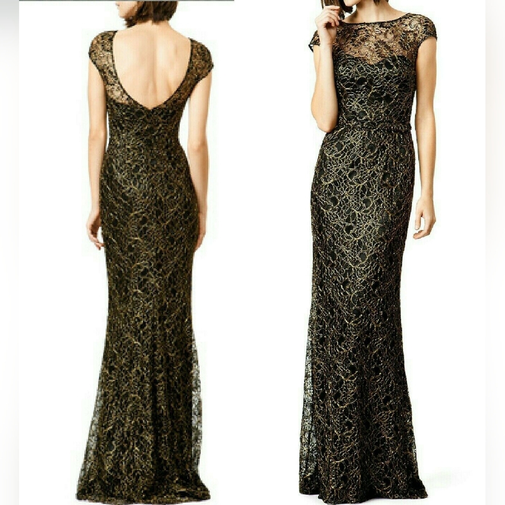 THEIA Edinburgh Black/Gold lace overlay gown | US 6